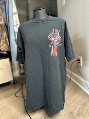 Men's Black Graphic Racing Tee with Red Stripe Accent